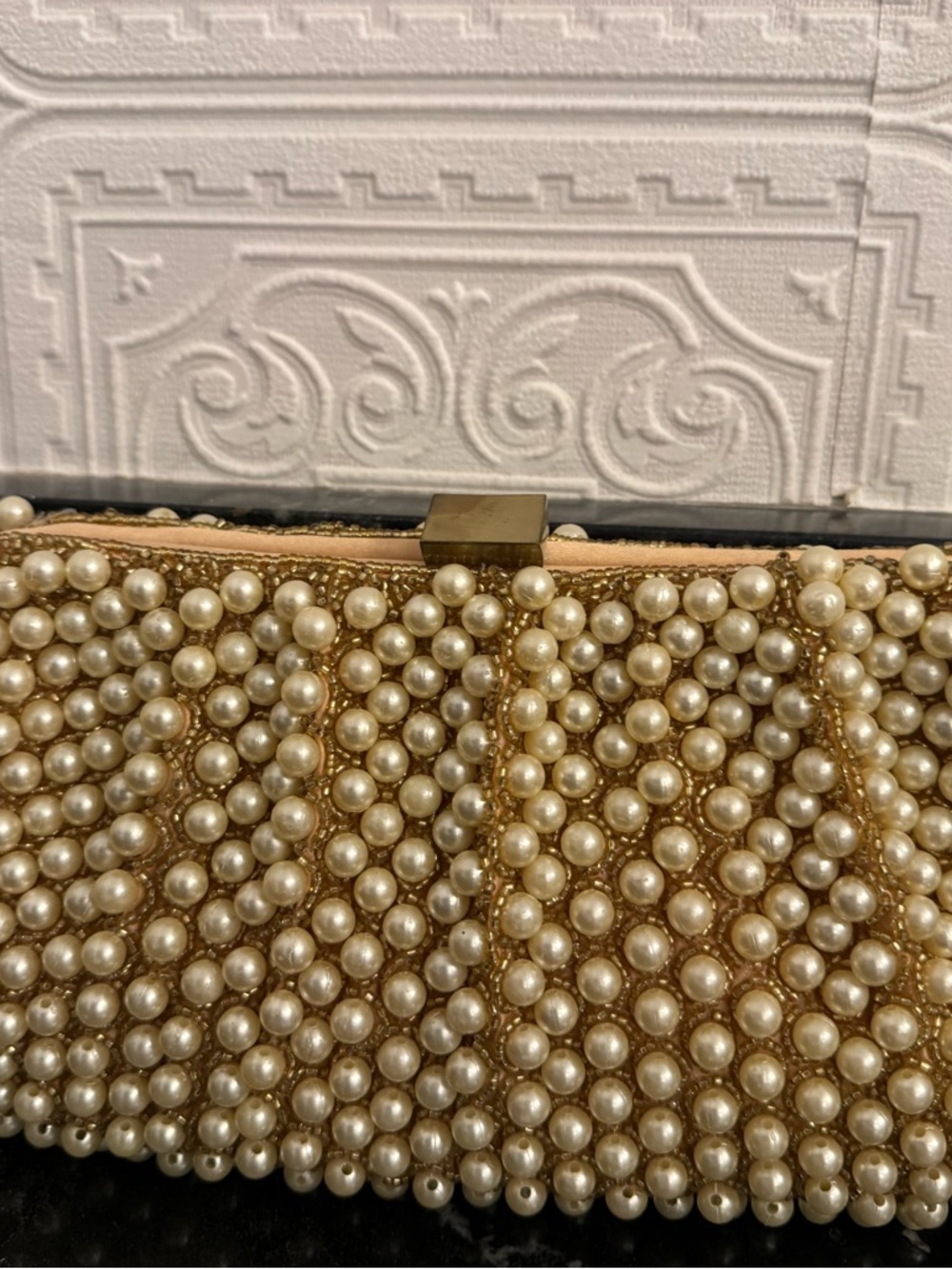 Pearl-Embellished Taupe Evening Clutch with Gold Shoulder Strap